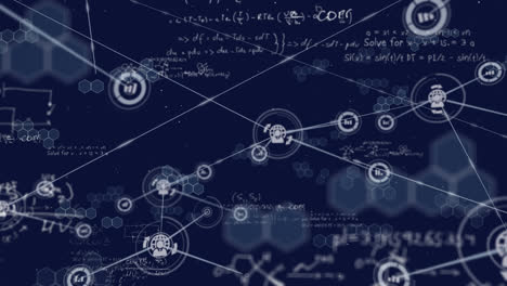 animation of network of connections with data processing and information on blue background