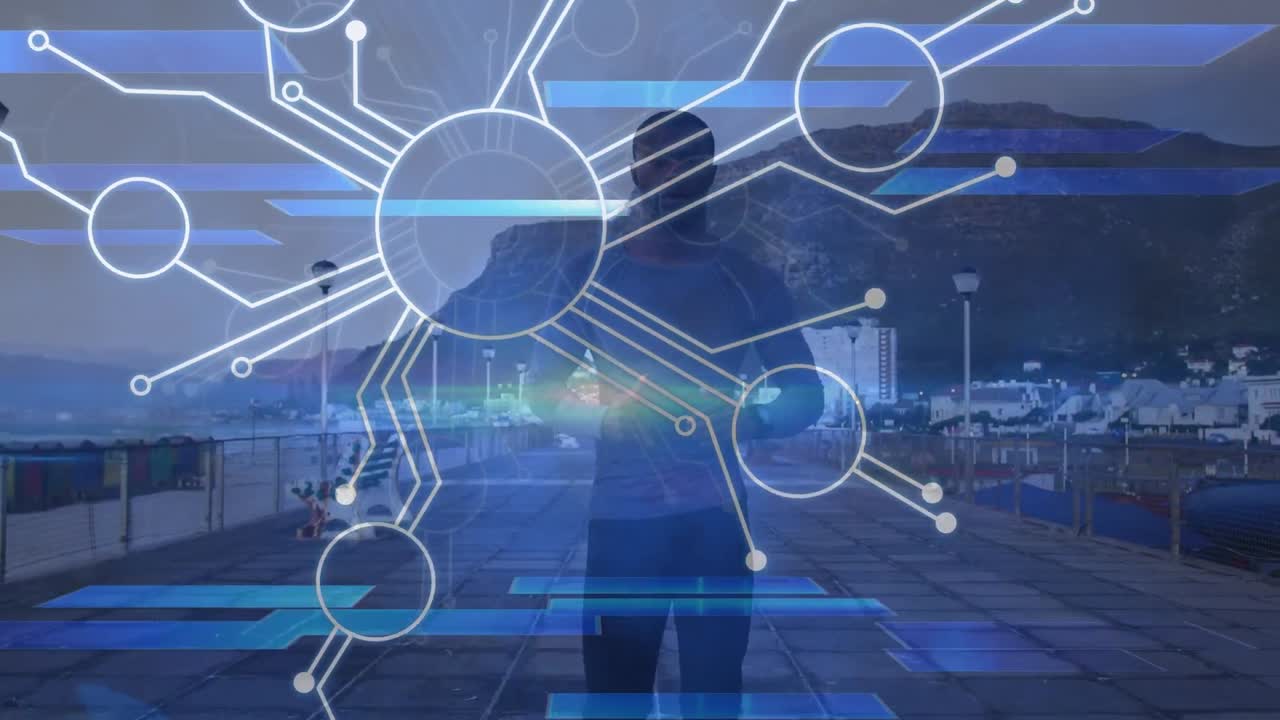 Animation of hud elements with futuristic light, african man running on pier at beach