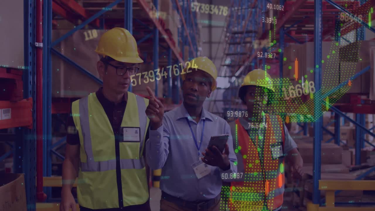 animación del procesamiento de datos financieros sobre diversas personas que trabajan en el almacén