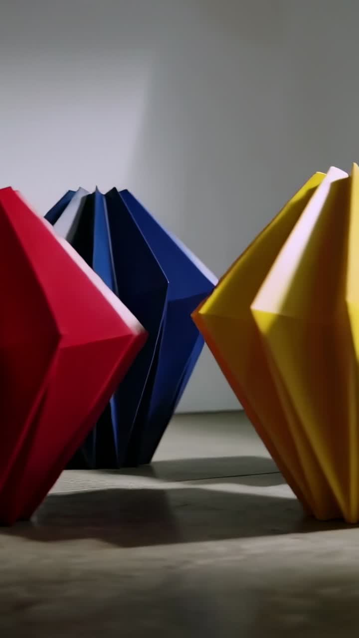 Vertical video: Starting camera panning around red blue yellow pleated sculptures in gallery