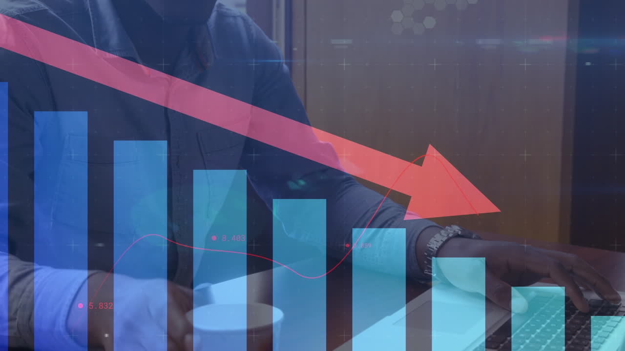 Animation of arrow, data and graphs moving over african american man using laptop