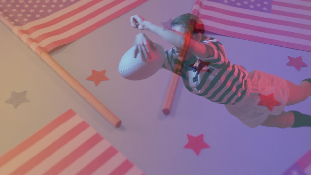 Animation of rugby player in action on American flags and stars background