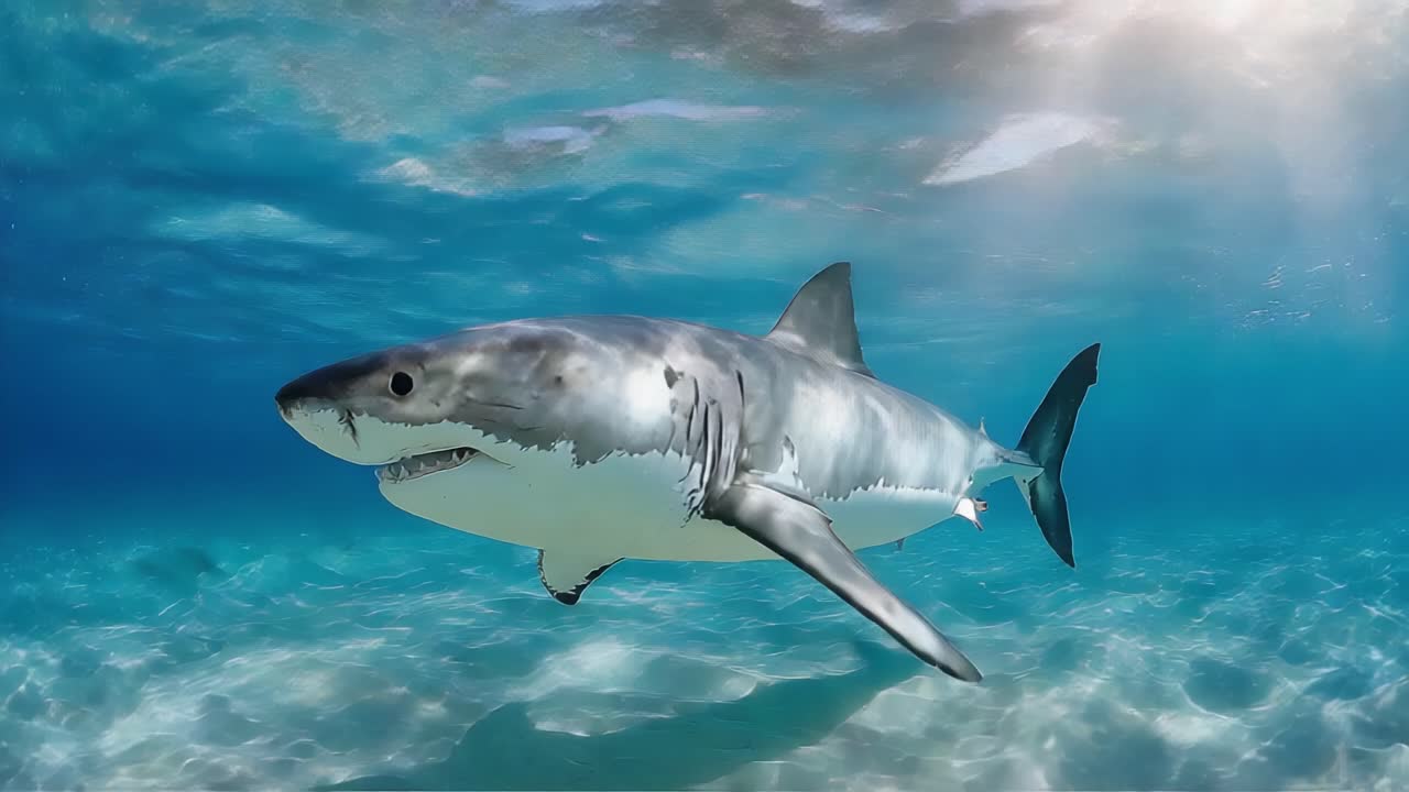 A Majestic Encounter: Captivating Images of a Great White Shark Swimming Gracefully Through Crystal Clear Waters, Showcasing the Beauty of Marine Life