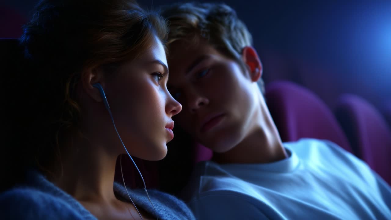 A Moment of Connection: Two Individuals Sharing Intimacy in a Dimly Lit Theater Atmosphere, Immersed in Their Own World with Headphones, Highlighting the Beauty of Shared Experiences and Emotional Bonds