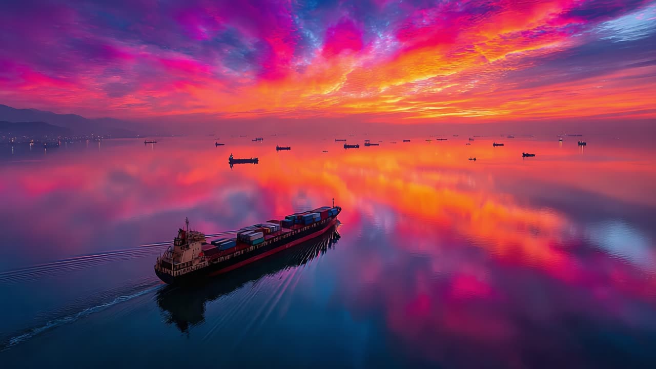 A Vibrant Sunset Over Tranquil Waters Highlighting a Cargo Ship's Journey Amidst Colorful Reflections and Serene Surroundings