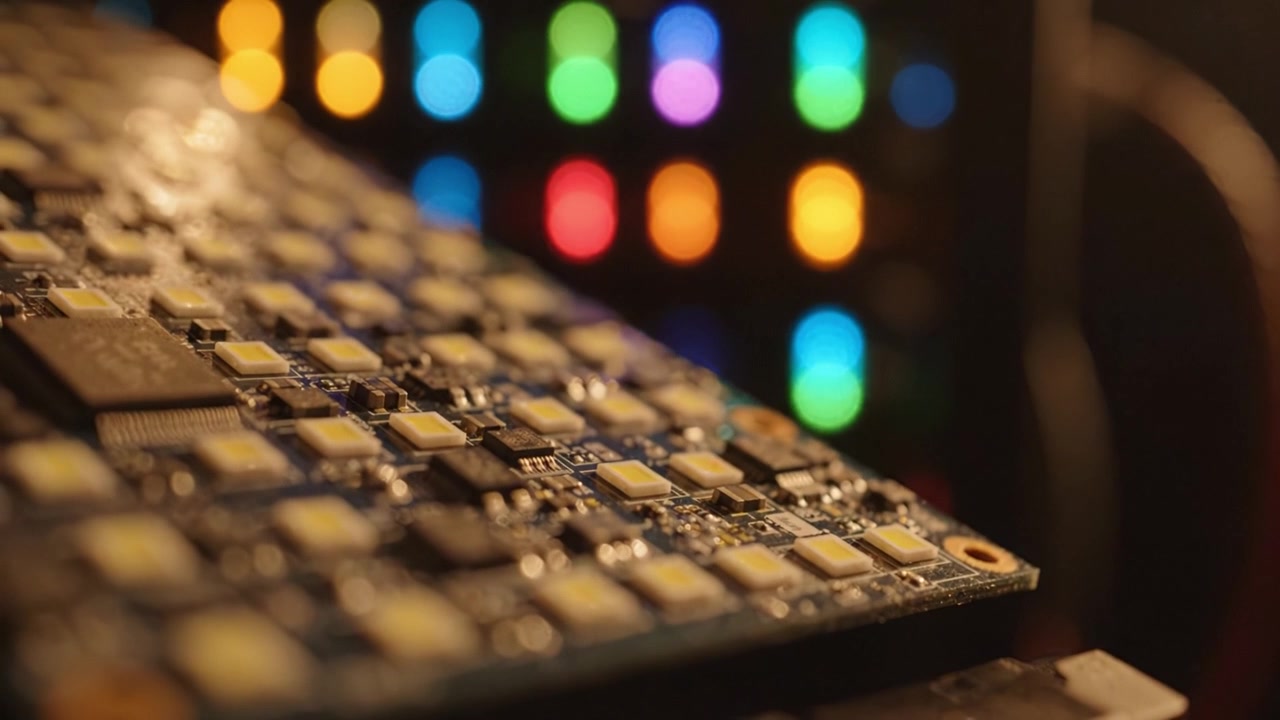 Intricate Circuit Board with Colorful Backlit LEDs: An Up-close Perspective of Technology’s Marvelous Design and Functionality in a Modern Environment