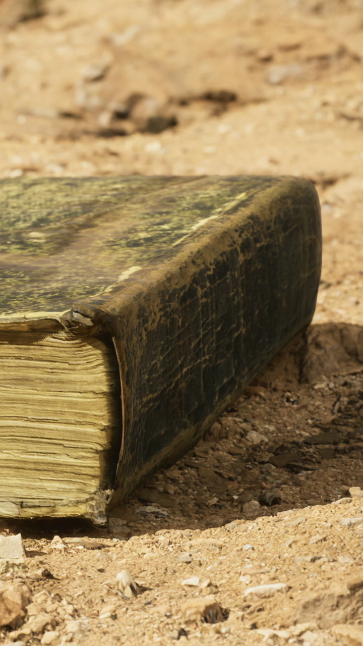 Old weathered book resting on sandy ground in a quiet moment of solitude