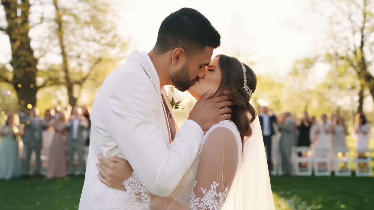 Romantic wedding video still, close-up angle capturing a couple's tender embrace outdoors