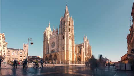 timelapse of Leon Cathedral during a summer morning famous landmark gothic city square