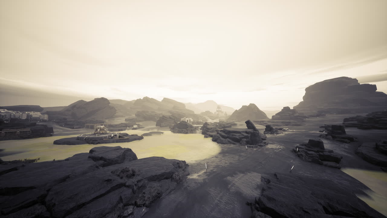 Sunrise over rugged red planet with reflective pools and misty atmosphere