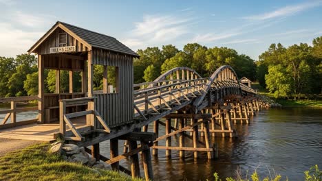 scenic view of a historic wooden toll bridge overlooking a tranquil river surrounded by lush greenery under a clear blue sky