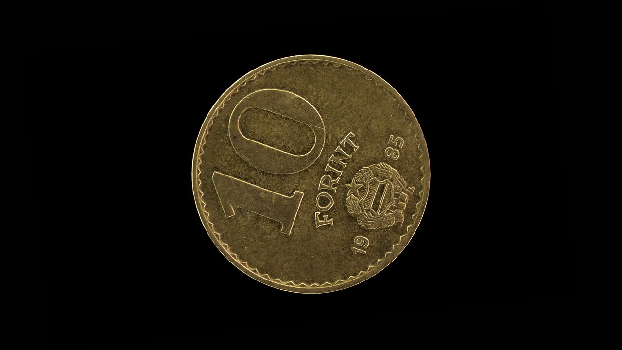 Hungary 10 forint 1985 reverse with coat of arms, macro loop on black background