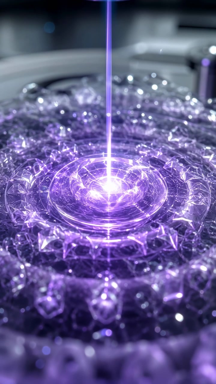 Vista aproximada captura anéis roxos iluminados e detalhes cintilantes ao redor de um centro brilhante, com mudanças sutis de luz em uma superfície escura texturizada criando uma composição visual abstrata e futurista