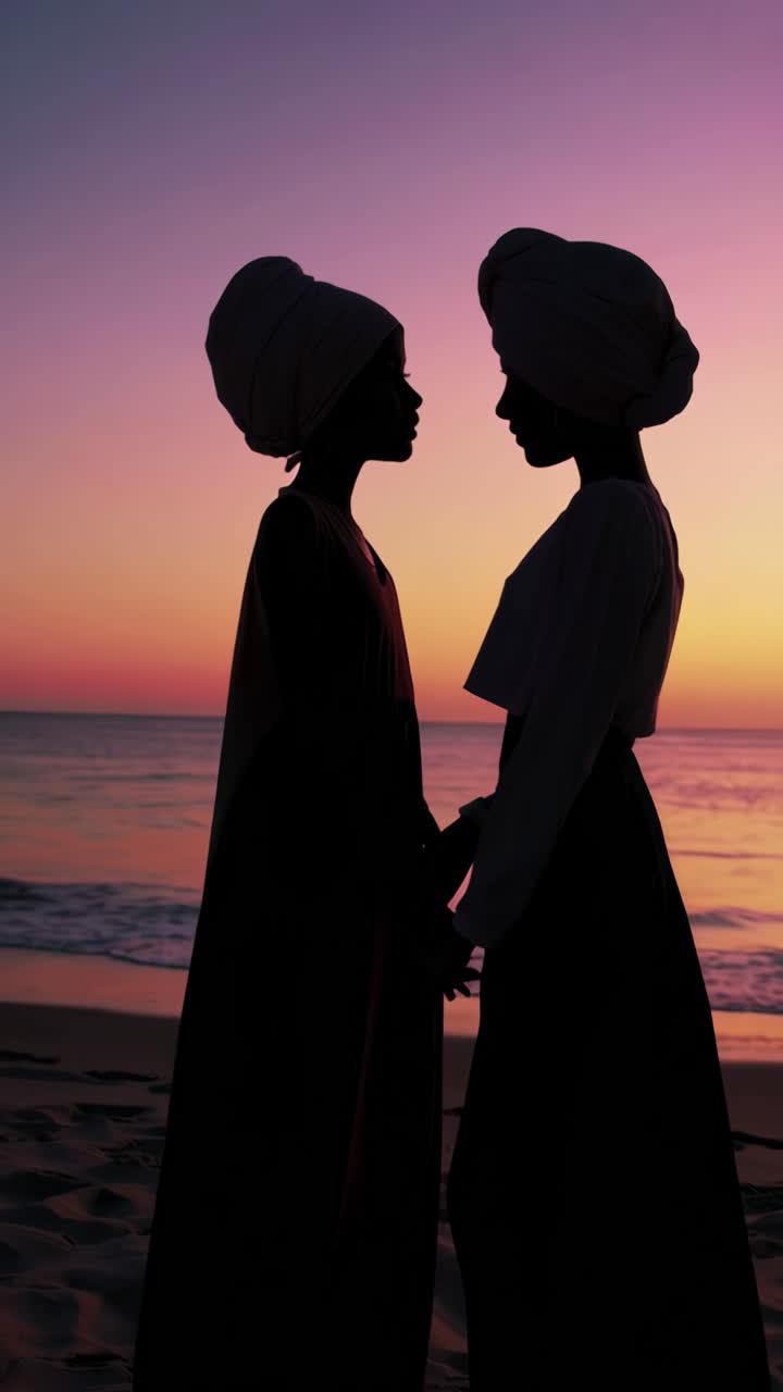 Silhouettes of women on a beach at sunset, showing connection and contemplation