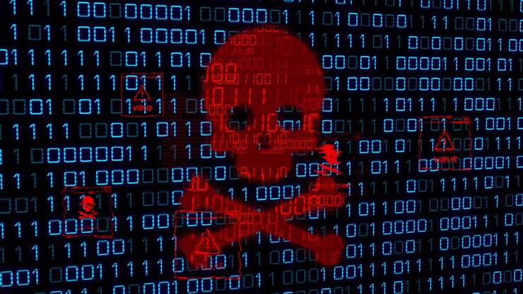 Animation of skull and bones, binary coding and data processing
