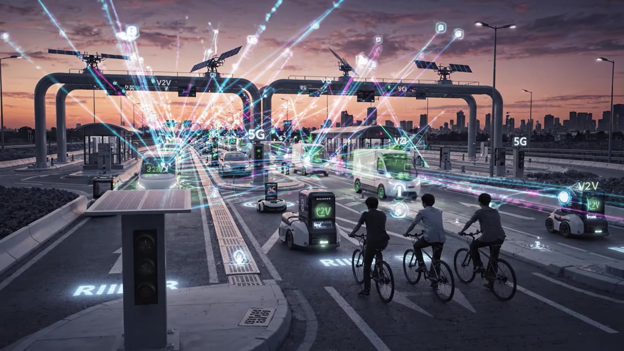 Futuristic Urban Transportation Scene with Autonomous Vehicles and Smart Technology Integration at Sunset Over a Modern Cityscape