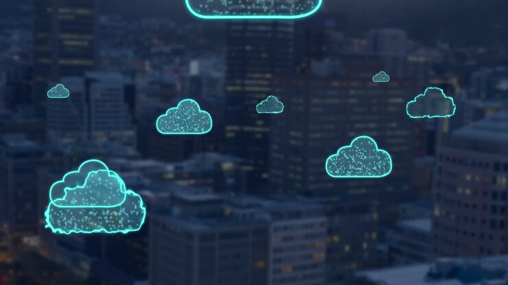 Animation of digital clouds flying over cityscape