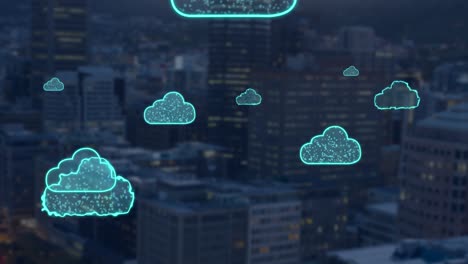 animazione di nuvole digitali che volano sopra il paesaggio urbano