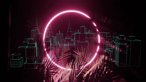 Animating-neon-cityscape-over-palm-leaves-with-glowing-circle-in-background