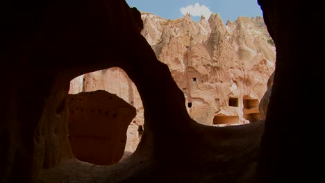 view from an ancient cave on a cliff face in cappadocia turkey