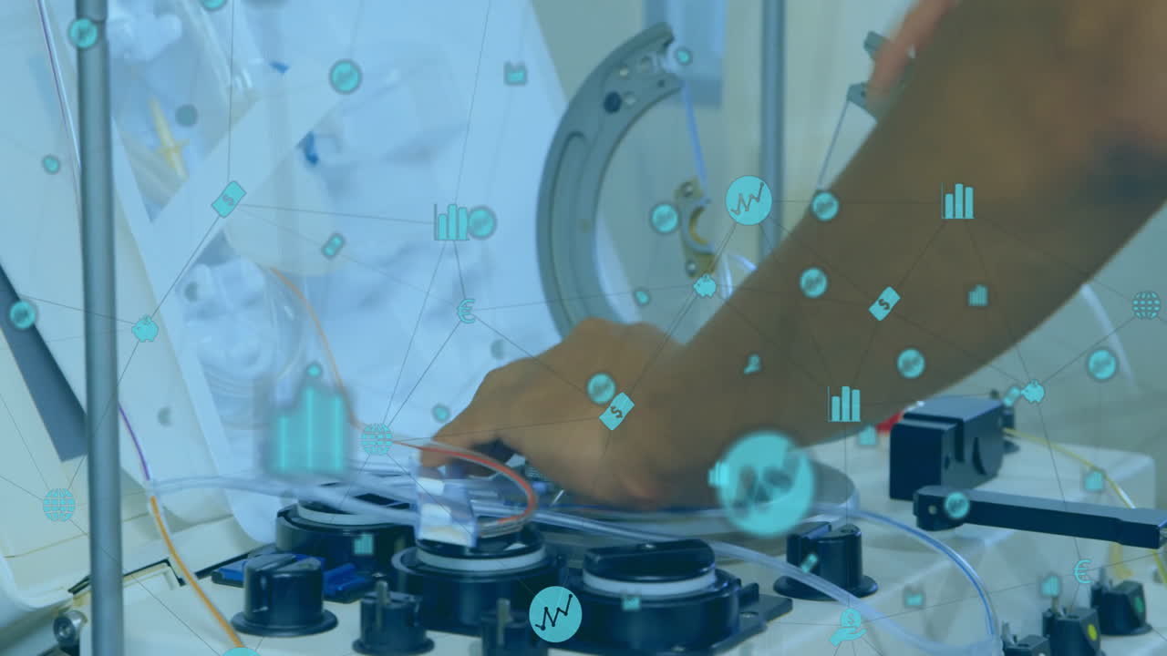 Scientific data processing animation over person working with laboratory equipment