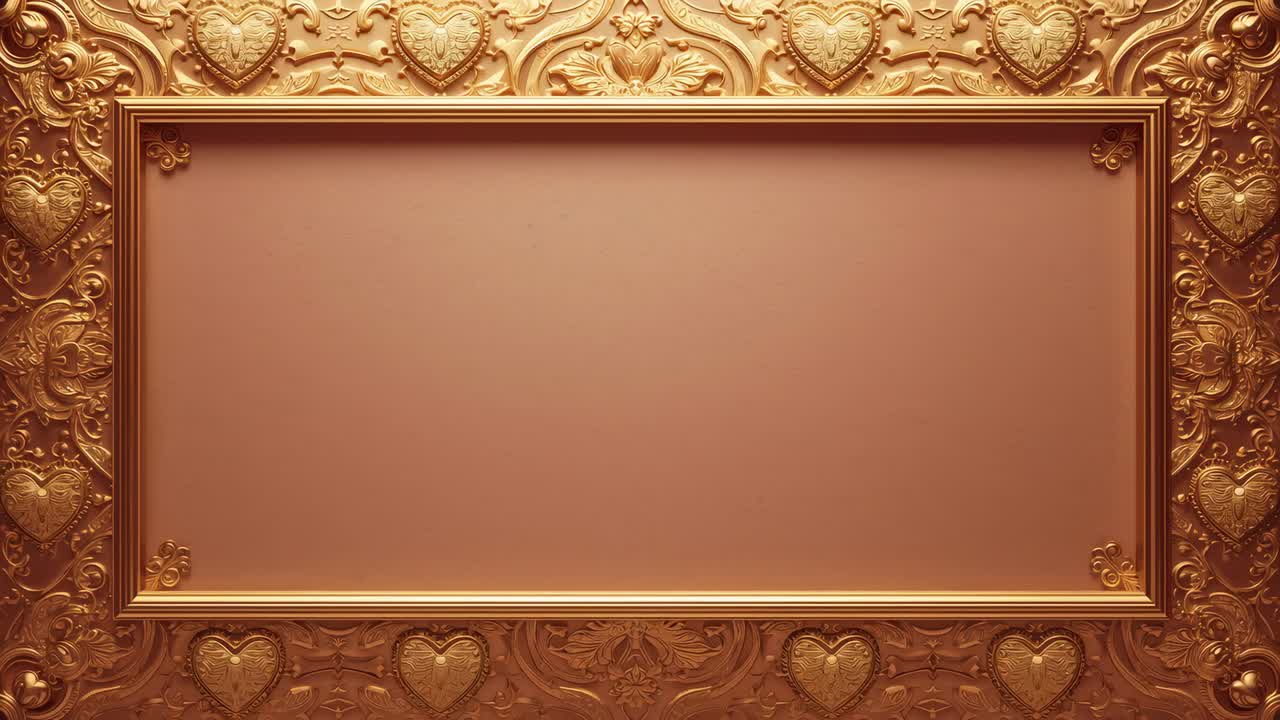 Riproduzione in corso, camera che si muove in avanti, zoom sul muro, rivelando una cornice decorata, pannello opaco vuoto