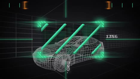 animación de un coche 3d con patrón de cuadrícula con líneas en el visor y números cambiantes en fondo negro