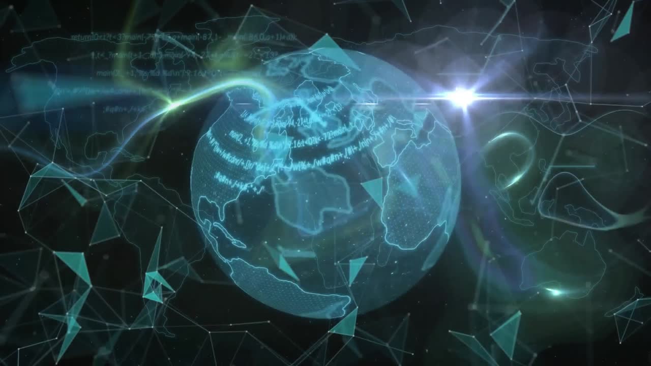 추상적인 배경에 모양을 형성하는 지구와 연결된 점에 대한 컴퓨터 언어의 애니메이션