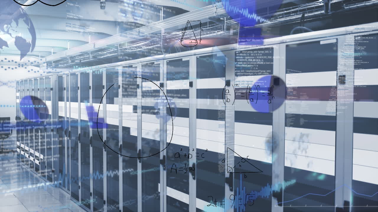 Animation of mathematical equations and data processing against light trail over server room