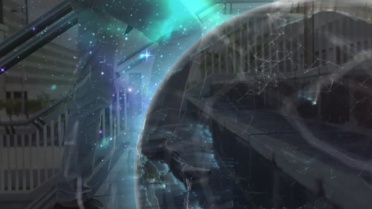 Business professional holding tablet exploring holographic globe with network lines and cosmic glow