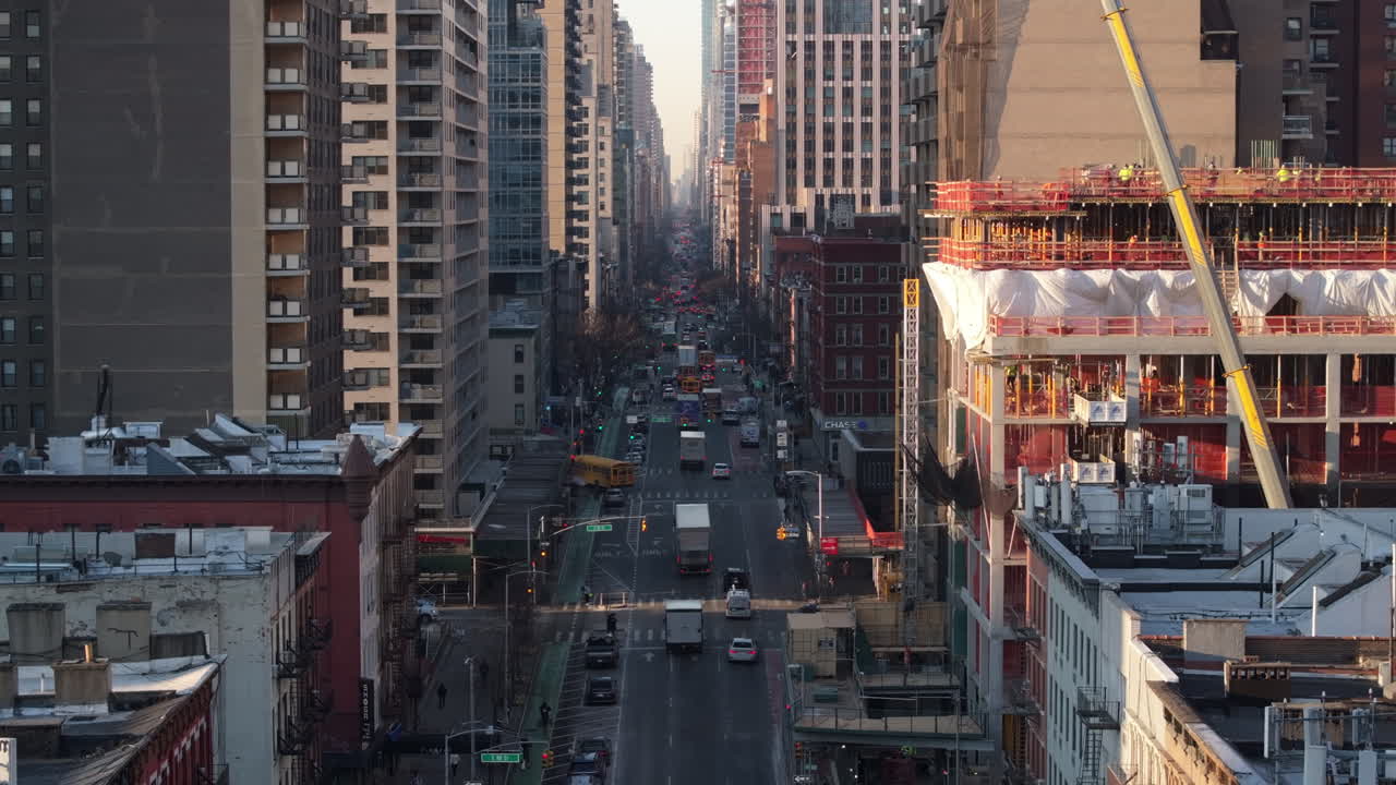 Aerial view of Manhattan's Third Avenue. Shot at sunrise during the winter in New York City.
