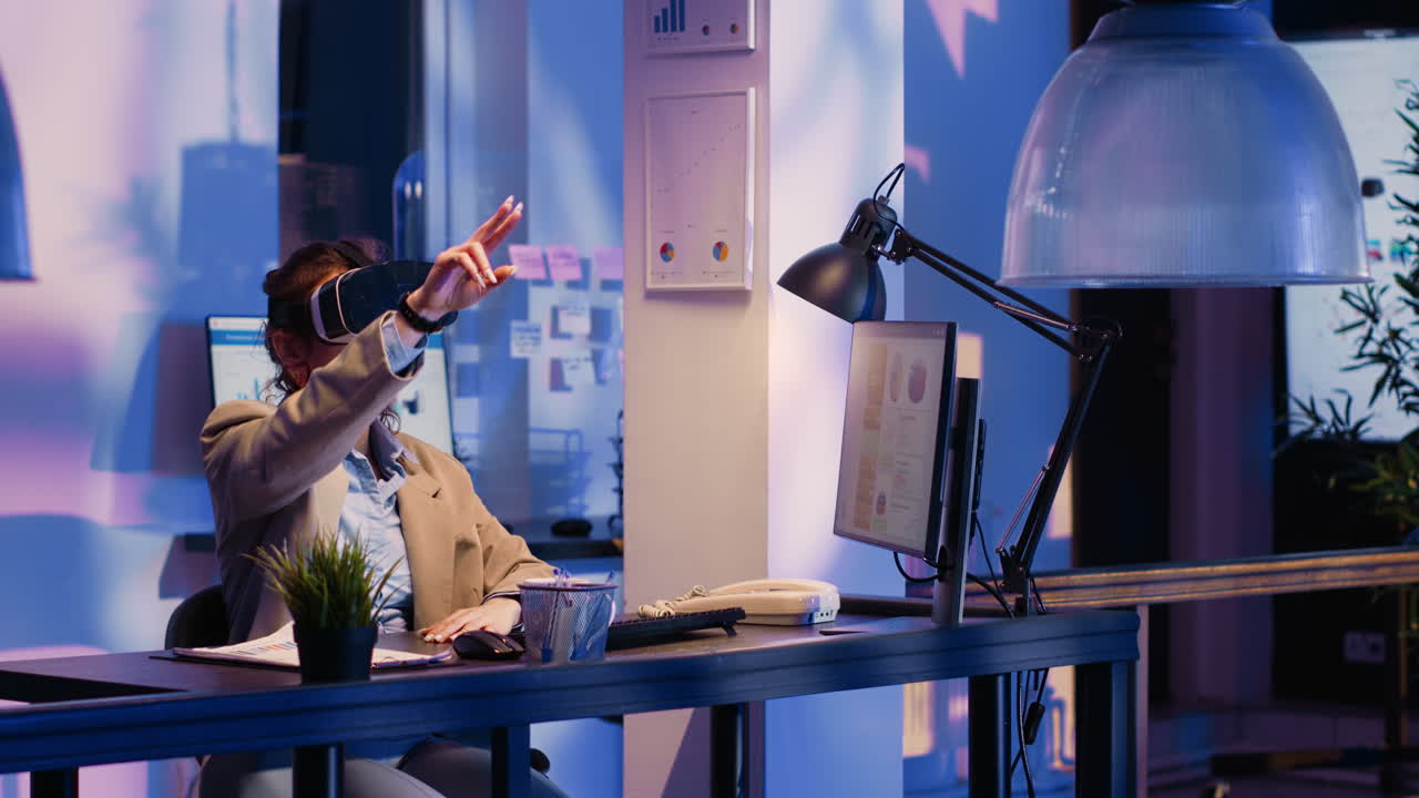 Woman using VR headset in a modern office