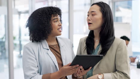 business women, tablet and discussion in office