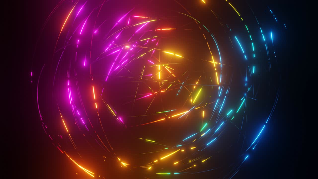 intersección de alambre con brillo de neón multicolor en las caras se mueven suavemente en ciclo, constantemente cruzándose entre sí. fondo abstracto de ciencia ficción y tecnología con mecanismo concéntrico, hermosa luz