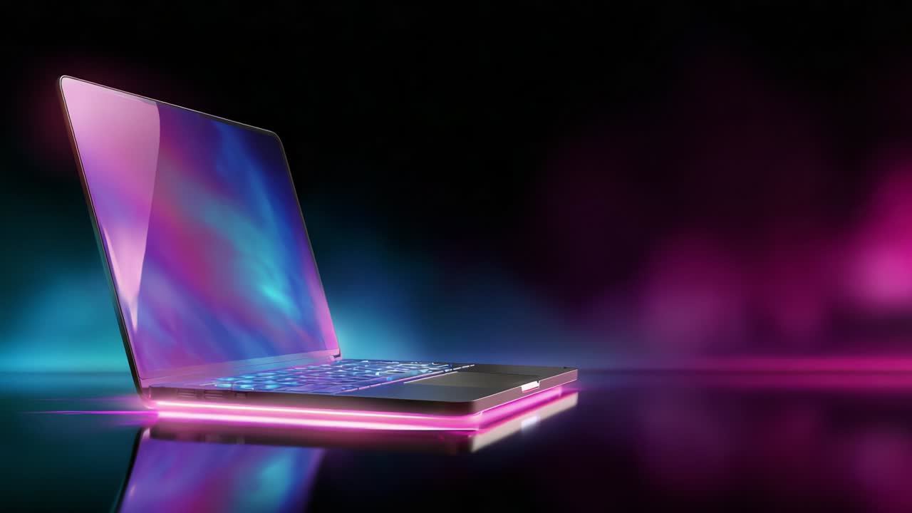A Stunning Futuristic Laptop Displaying an Elegant Design with a Vibrant Glow, Capturing the Essence of Modern Technology and Aesthetics in a Visually Striking Colorful Environment