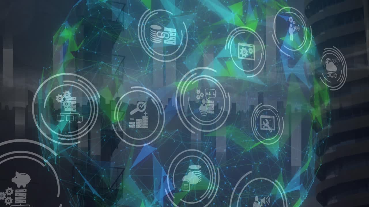 Animation of digital icons and globe of plexus networks spinning against cityscape