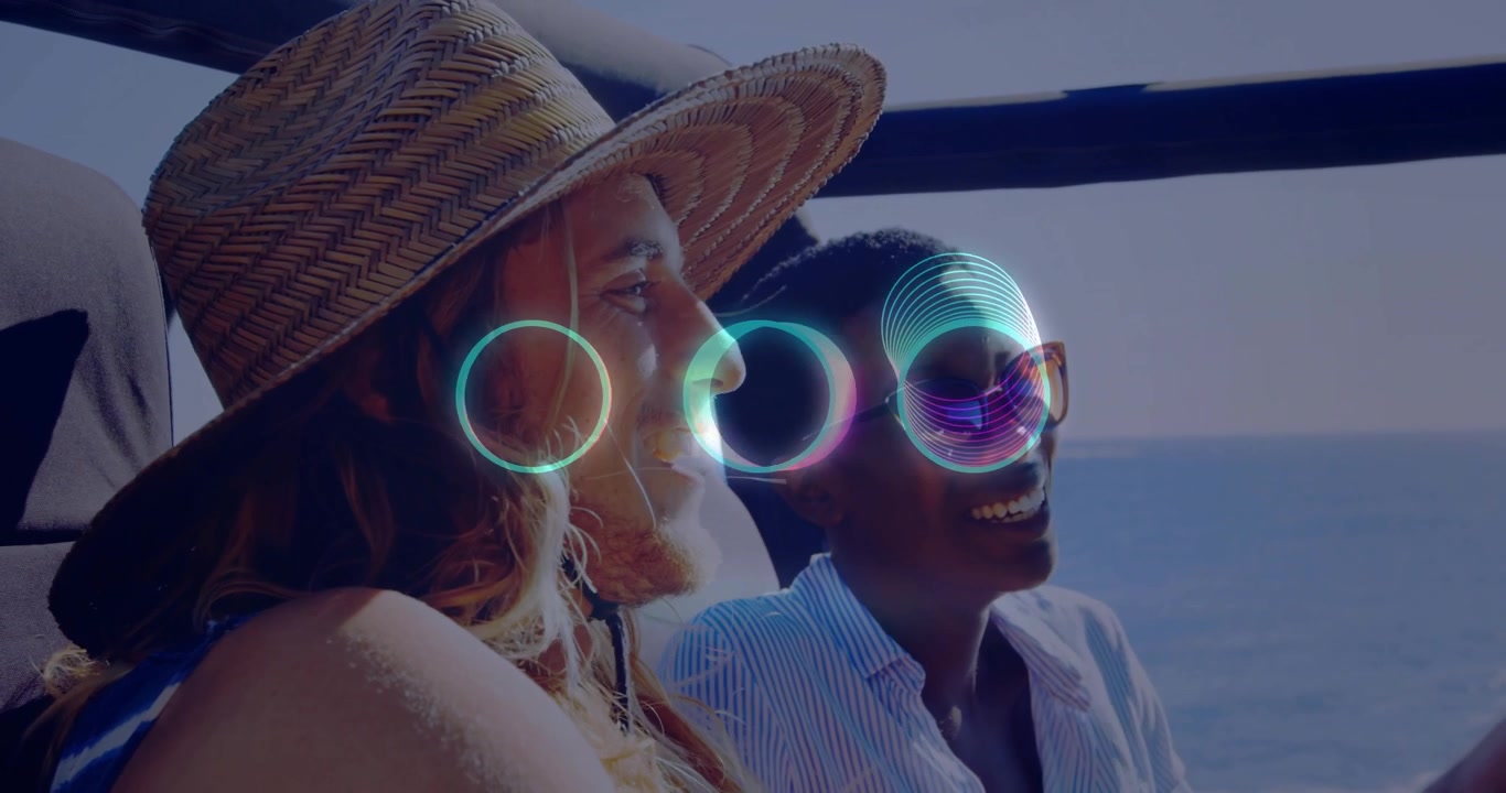 At sea, two people with digital circles overlay, enjoying sunny day animation