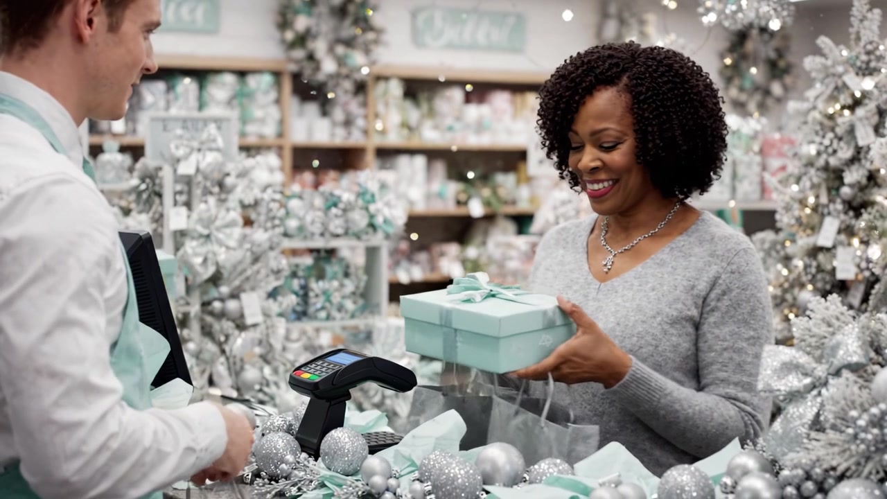Un acheteur joyeux interagit dans un magasin de détail sur le thème des fêtes, admirant les décorations festives et se préparant à acheter des cadeaux magnifiquement emballés avec un sourire