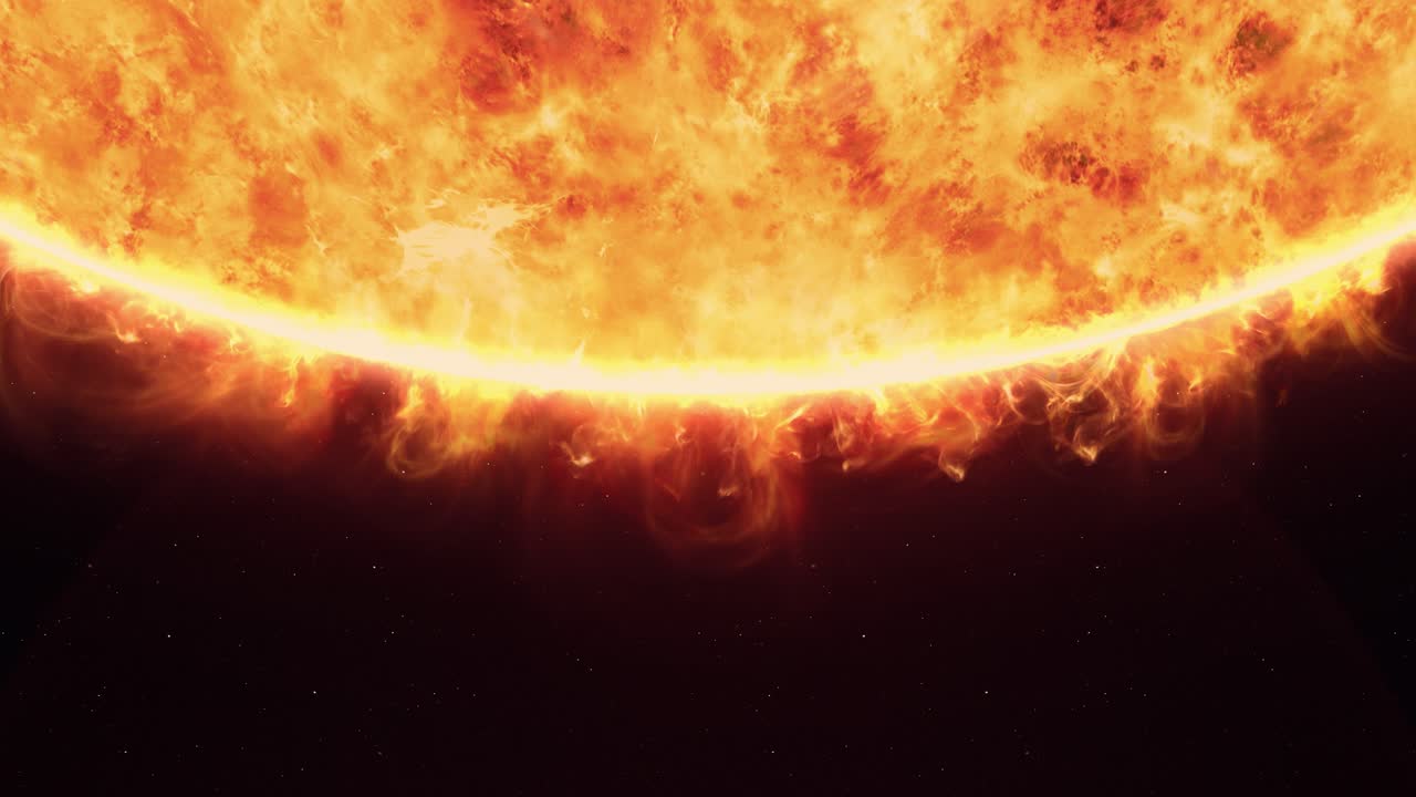 primer plano realista de la superficie del sol con atmósfera ardiente y erupciones solares, vista desde el espacio