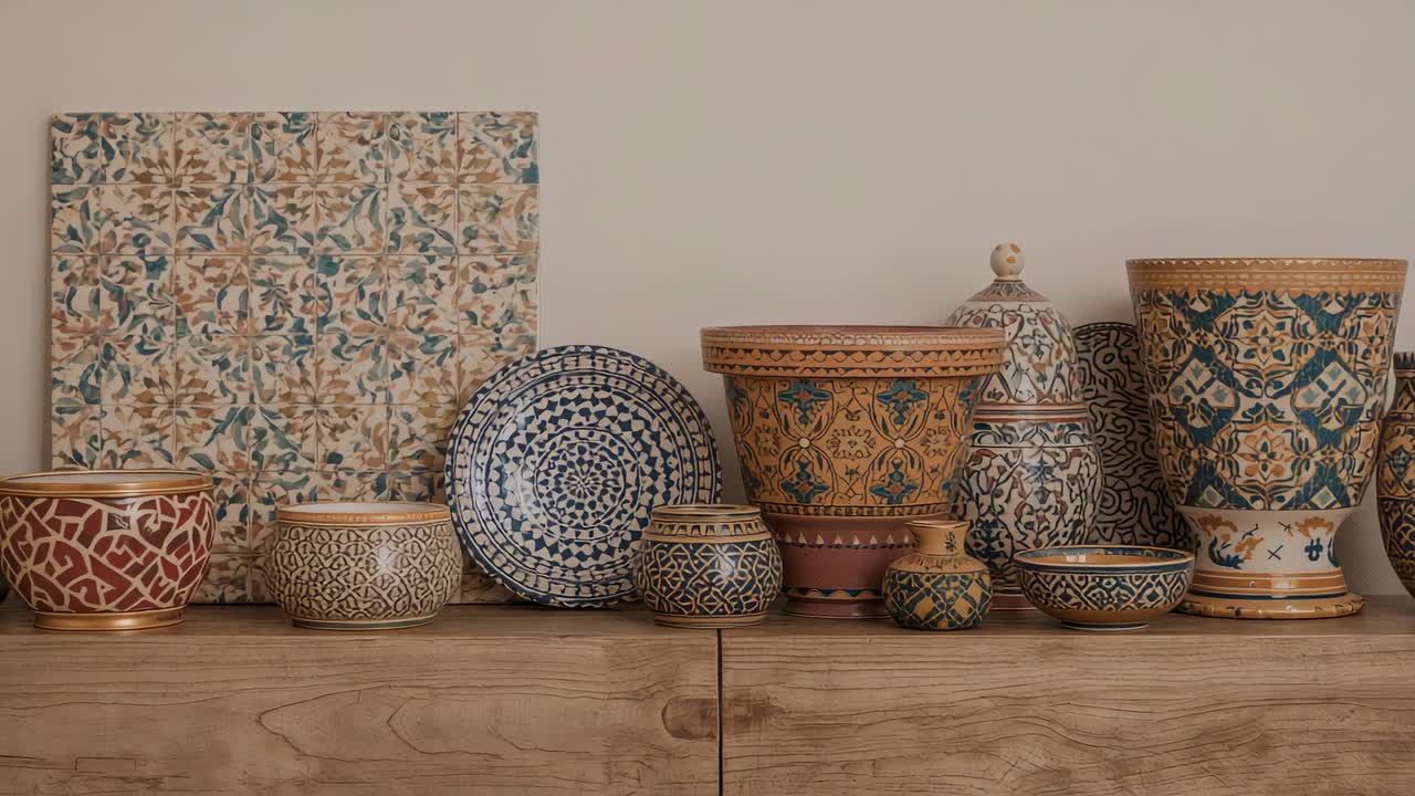 Panoramica della camera che si sposta verso destra sulla credenza in legno, rivelando un piatto blu e un barattolo con coperchio
