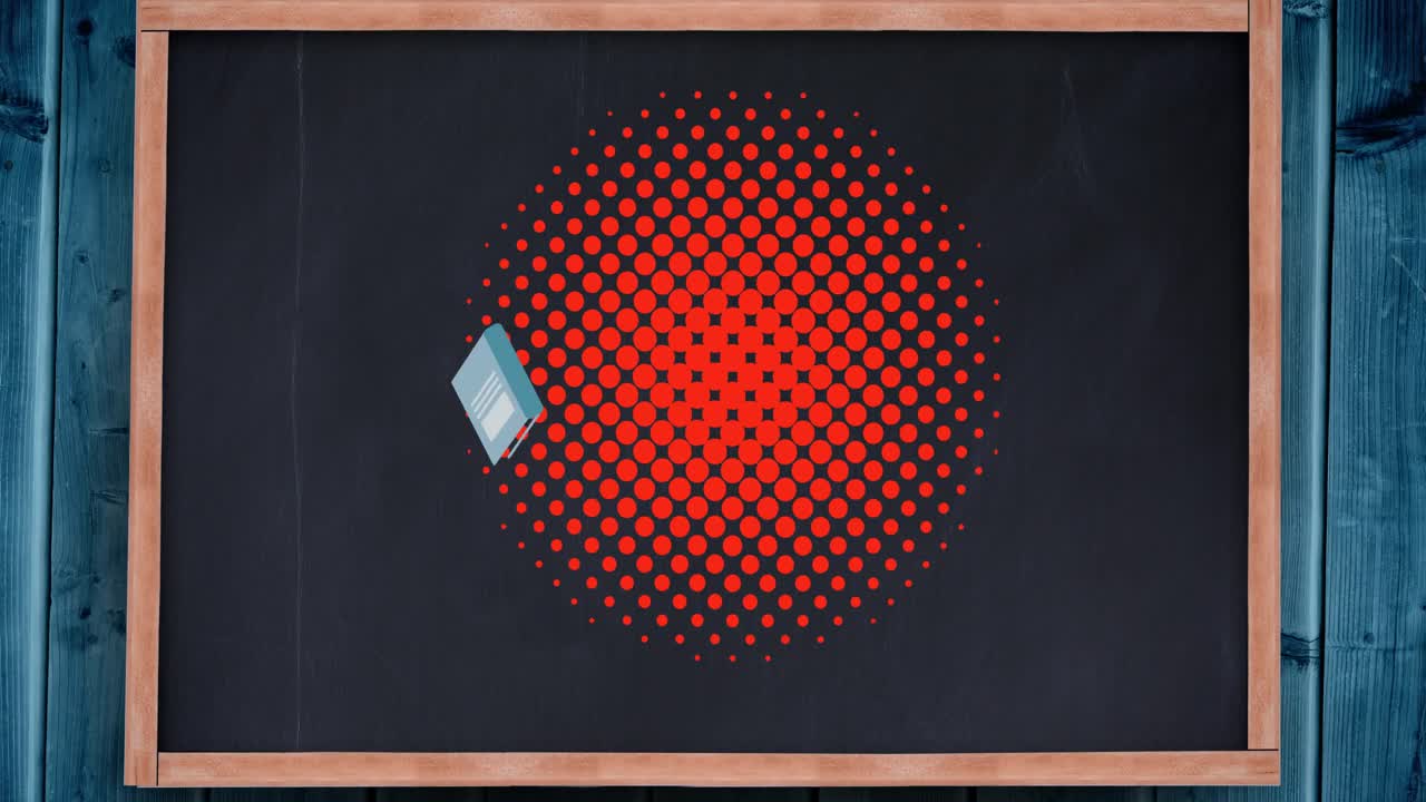 Animation of notebook and calculator bouncing on red dots over chalkboard