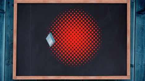 Animation-of-notebook-and-calculator-bouncing-on-red-dots-over-chalkboard