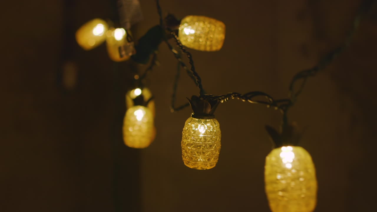 Unidentifiable Hands Plug In Hanging Pineapple String Lights in Dark Room