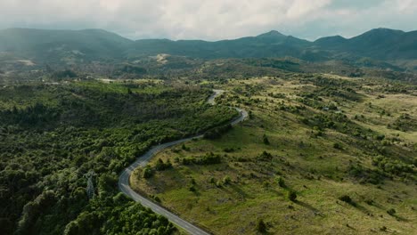 Aerial-drone-view-of-cars-traveling-on-a-scenic-winding-road-through-remote-tree-covered-rural-countryside-of-New-Zealand-Aotearoa