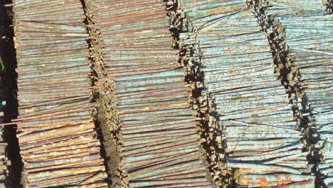drone's-eye view of neatly stacked, uncut logs in a latvian sea port, before shipping out to germany