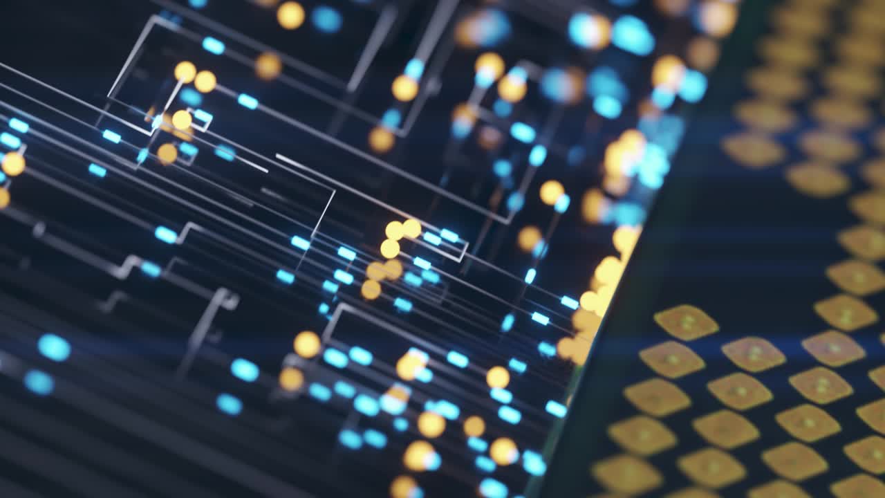 A computer processor with millions of connections and signals. Technology cpu background. Pulses and signals from the chip propagate through the motherboard. 3d animation