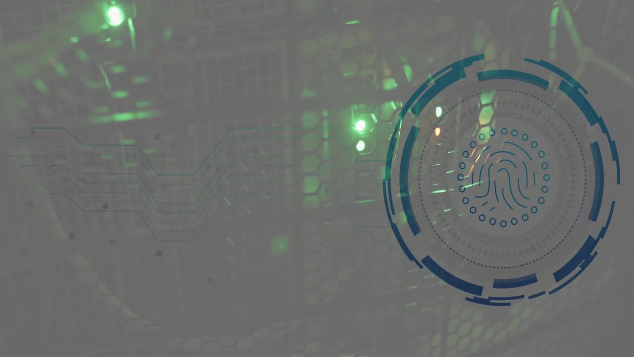 анимация отпечатка пальца в загрузочных кругах над освещенной стойкой сервера данных