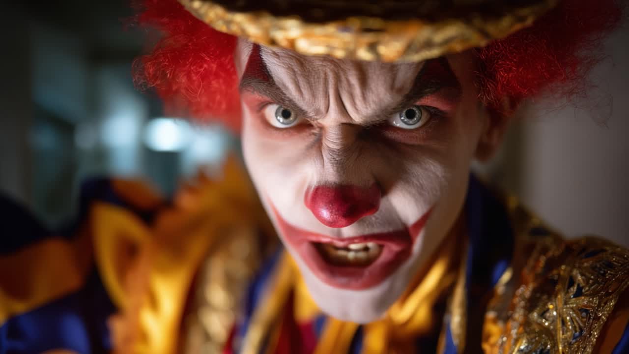 A menacing clown stares directly into the camera with an intense expression, showcasing vibrant colors and intricate costume details, creating an unsettling atmosphere