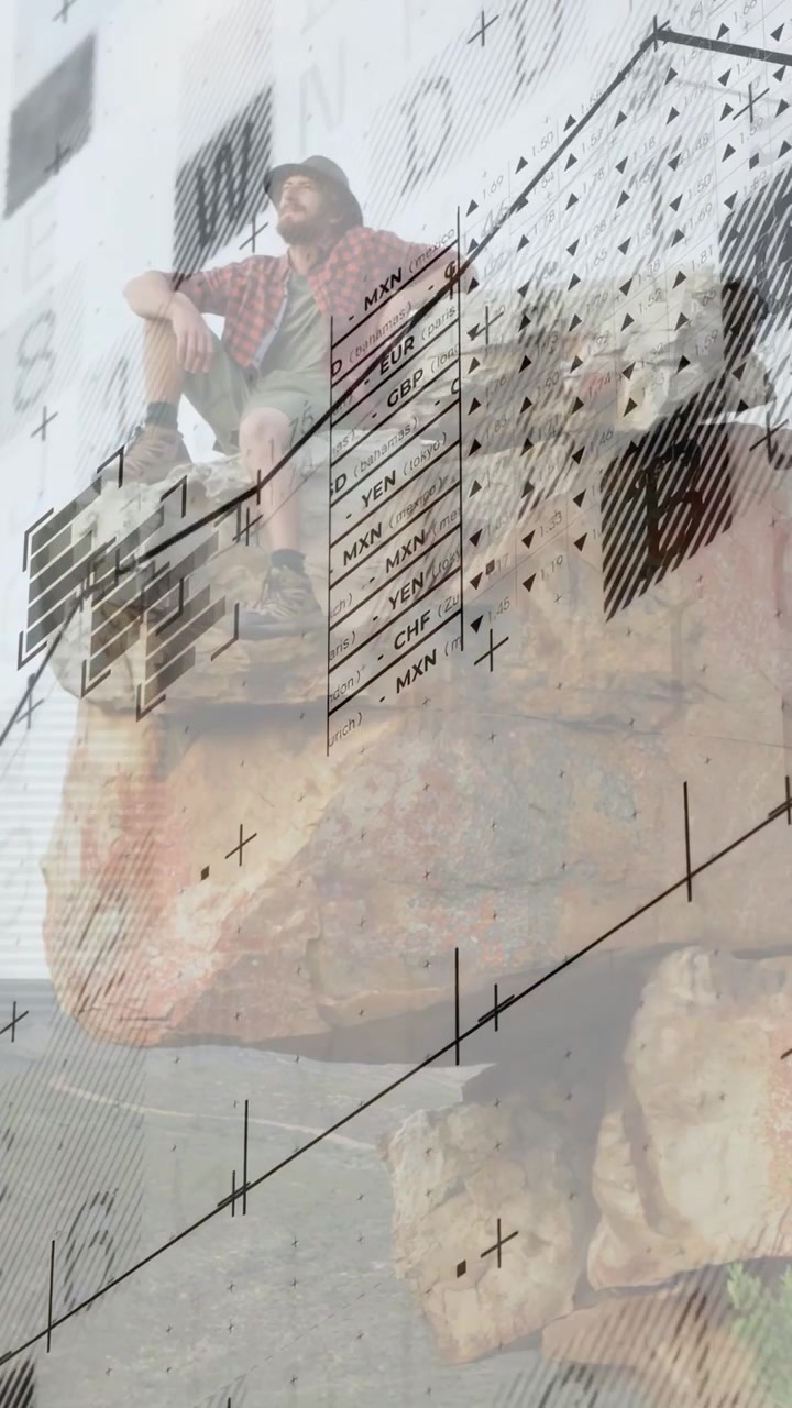 Video vertical: Hombre sentado en un saliente, la cámara panea y una superposición de gráfico con datos aparece sobre él.