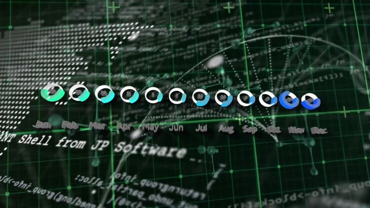 Animation of financial data processing over molecules and world map on black background